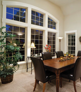 Large picture windows in a dining room