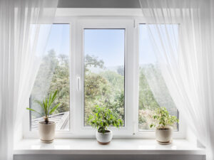 Window with white tulle and potted plants on windowsill. View of nature from the window