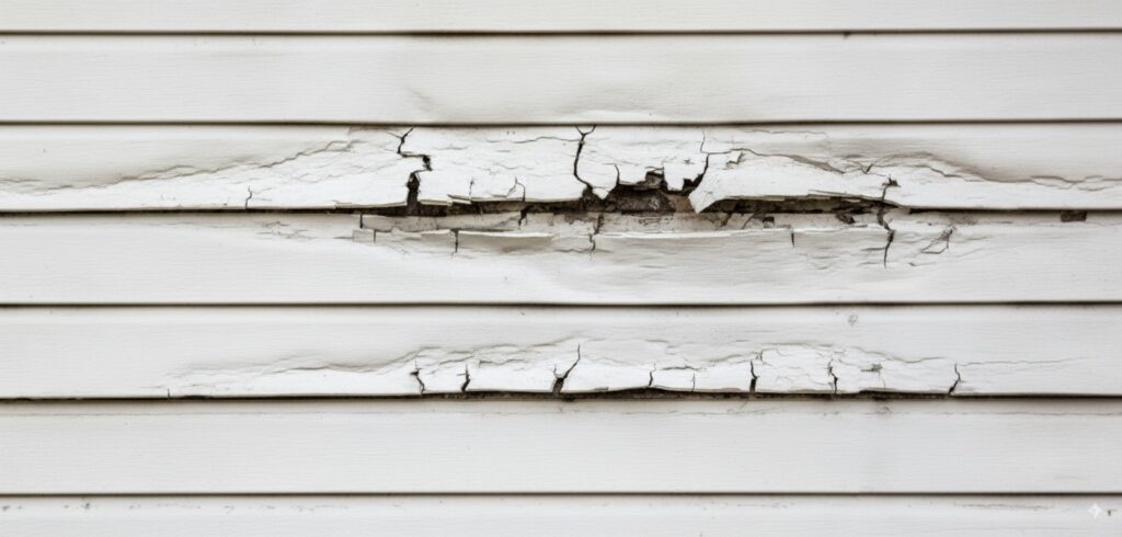Close-up of damaged vinyl siding with cracks and warping, showing the need for siding repair.
