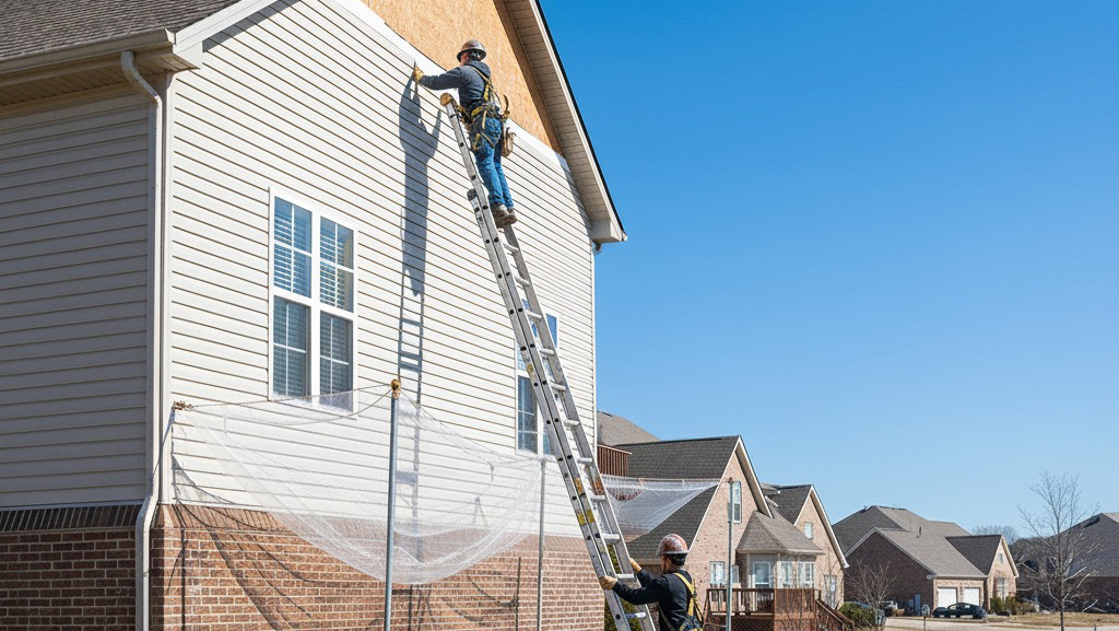 Crew performing siding repair on a residential home using ladders and safety gear.